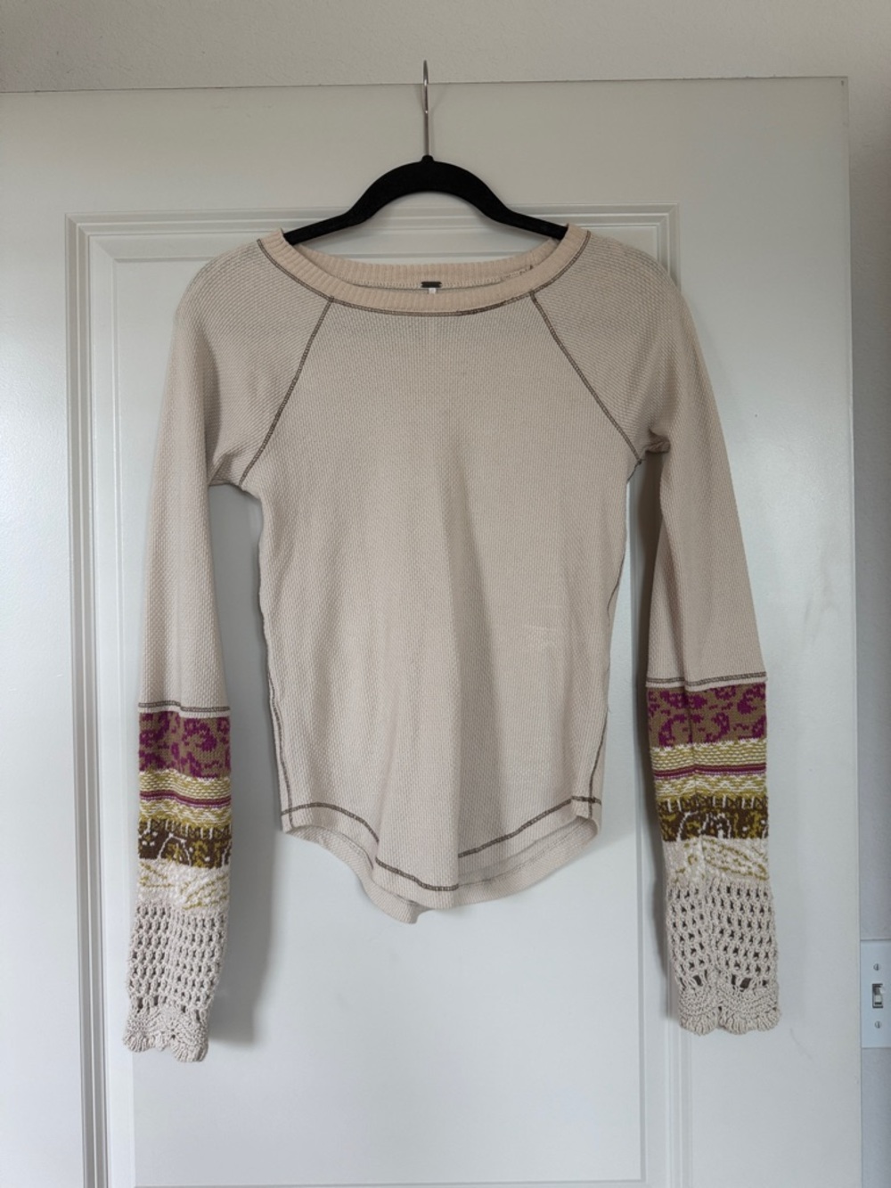Free People Cream Thermal Top with Pink and Gold Sleeve Accents